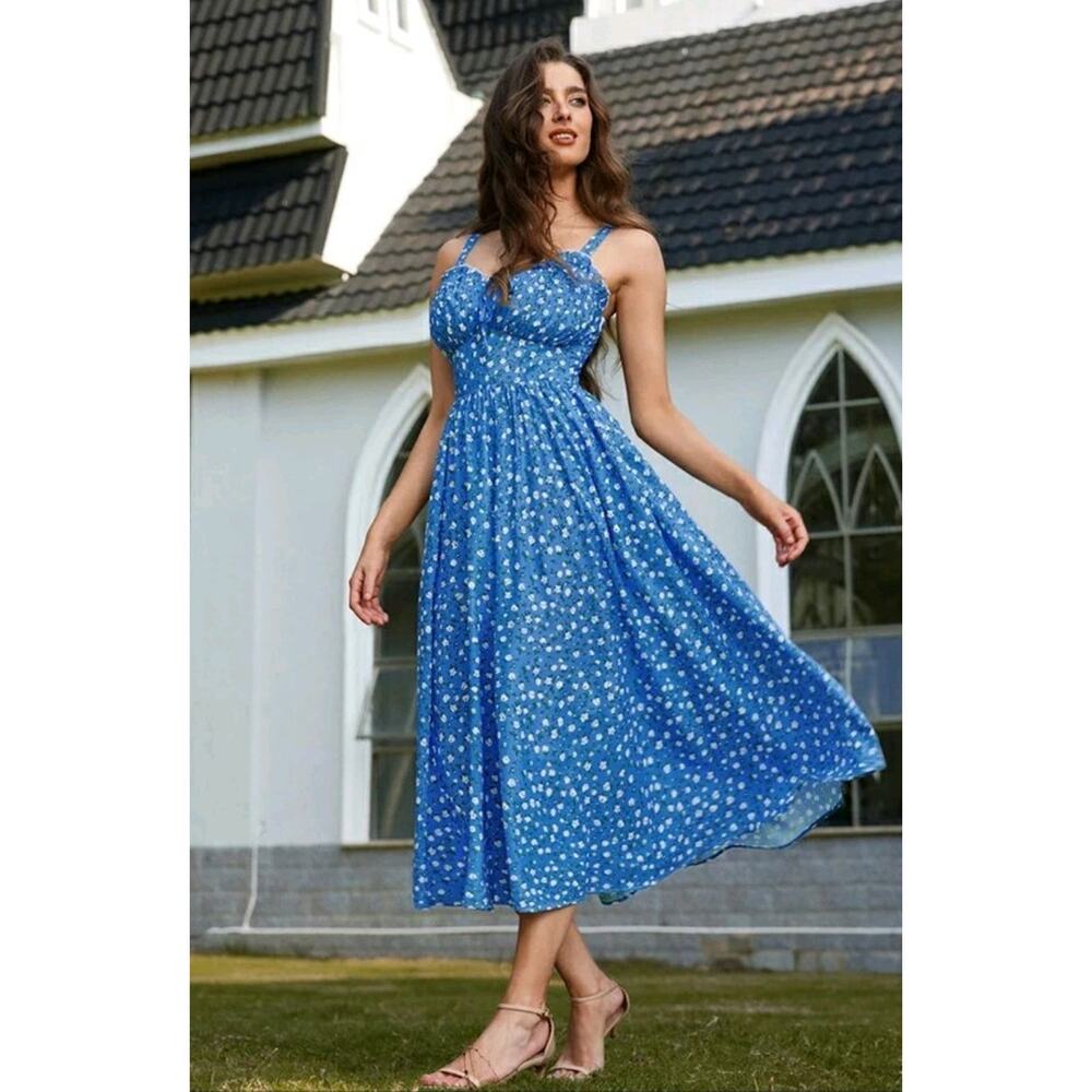 Scarlet Darkness blue floral Corset Milkmaid Midi Sleeveless Dress Pockets